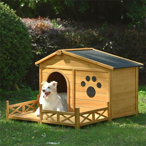 ✨48” Wooden Doghouse with Porch – Premium Outdoor & Indoor Kennel, 🌧️ Water-Resistant Asphalt Roof and Fencing |🪵 Strong Wooden Construction✨