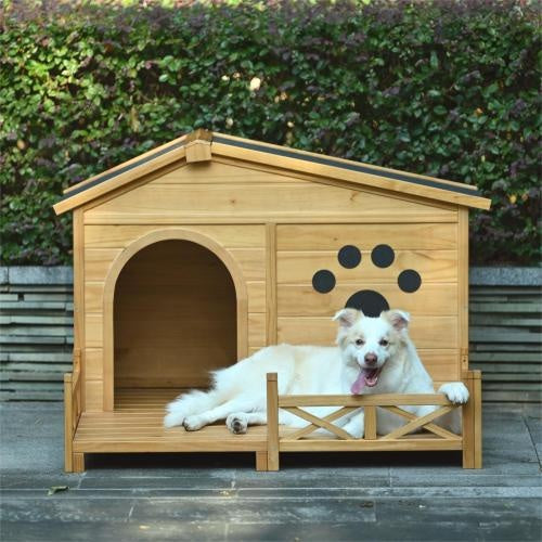 ✨48” Wooden Doghouse with Porch – Premium Outdoor & Indoor Kennel, 🌧️ Water-Resistant Asphalt Roof and Fencing |🪵 Strong Wooden Construction✨